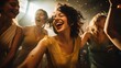 Group of young women dancing in a party, real photo, stock photography with a high-contrast color full hectic