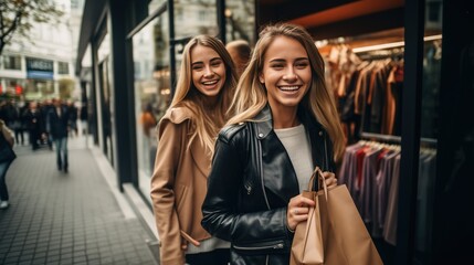 Wall Mural - Smiling attractive young women shopping with handling a bag