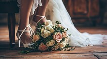 Bride, High Heels And A Bouquet Of Roses On A Wooden Floor, Background For A Solemn Event. Created With Generative Ai Technology.