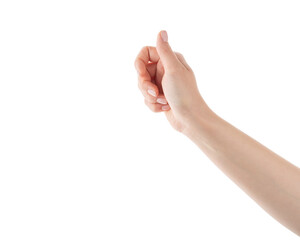 Wall Mural - young woman hand to hold something isolated on white background
