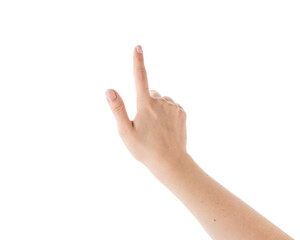 Wall Mural - young woman hand touch screen gesture isolated on white background