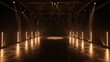 An atmospheric empty stage set on a dark floor, illuminated by vibrant stage lights strategically placed around the perimeter, creating an inviting space for a performance or event.