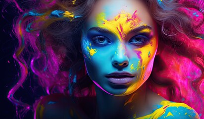 Wall Mural - Portrait of a model against a neon pink and blue background, exuding a futuristic and fashionable vibe.
