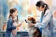 watercolor illustrations. the girl is holding a thermometer in her hands, in front of her is a girl veterinarian in glasses hugging a dog. There is a veterinary clinic in the background.
