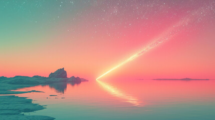 Poster - A minimalist portrayal of a pastel-colored comet on a reflective surface, creating a dual-image effect,