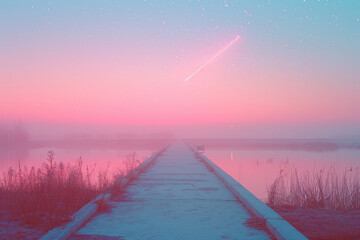 Poster - An image of a shooting star at the end of a minimalist, straight path in soft pastel hues,