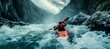 A fearless adventurer navigates through treacherous rapids and a stunning waterfall on their kayak in the breathtaking mountain river, surrounded by the serene beauty of nature and equipped with a li