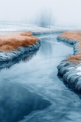 Poster - A minimalist scene of a small watering hole in soft blues and browns, with a hint of animal presence,