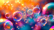 Vibrant soap bubbles floating in a colorful universe, reflecting light and creating a playful and magical atmosphere, symbolizing joy and ephemeral beauty