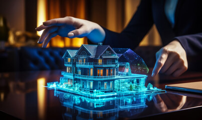 Poster - futuristic real estate concept with a holographic projection of a house and a businesswoman, symboli