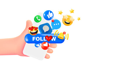Poster - Man holding smartphone with emojis. 3d banner with copy space