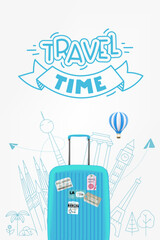 Sticker - Blue bag with world sights. Travel time concept with lettering logo. vector illustration