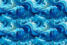 Blue Oceans Background, Swirling Water, Swell Or Wave. Colorful Turbulence, Environmental Awareness, Freehand Painting. Sea Abstract Background, Stormy Seascapes. Sky-blue And Navy. Seamless Pattern.