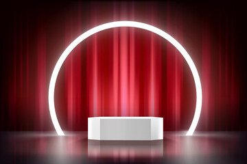 Poster - Red studio with podium and neon arc. Design product template. 3d vector mockup