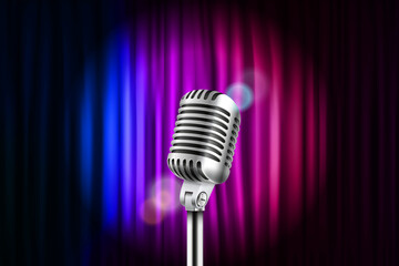 Sticker - Silver microphone and velvet curtains. Vector illustration 