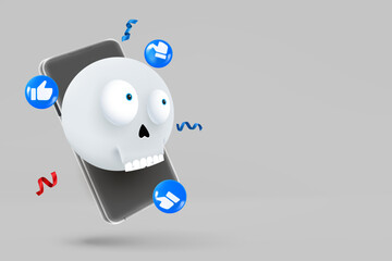 Poster - Modern smartphone with halloween skull emoji social media icons. 3d vector banner with copy space