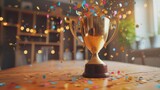 Fototapeta  - A gleaming gold winners trophy cup takes center stage, surrounded by a vibrant burst of celebration confetti and sparkling glitter, symbolizing academic achievement and educational excellence.