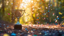 Trophy Cup, Surrounded By A Burst Of Celebration Confetti And Glitters, Symbolizes A Triumphant Moment. Achievement Of Reaching A Goal, Possibly At The End Of An Outdoor Hiking Trail