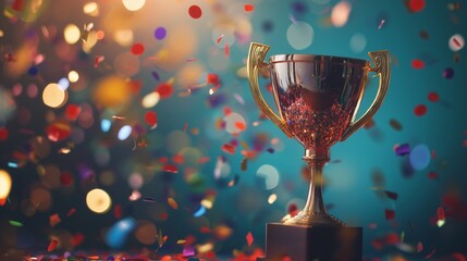 a gleaming gold winners trophy cup takes center stage, surrounded by a festive explosion of colorful