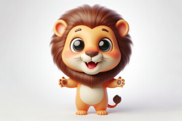 Wall Mural - full body little cute happy Lion 3d character with bulging eyes on solid a white background. ai generative