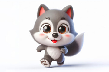 Wall Mural - full body little cute happy wolf 3d character with bulging eyes on solid a white background. ai generative