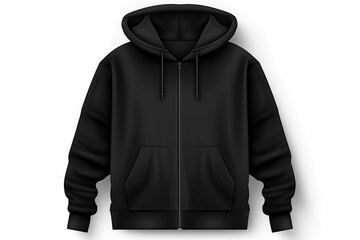 Wall Mural - Realistic black hoodie with zipper, with long sleeves and pockets, on white backgroun
