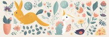 Big Spring Easter Collection Of Flowers, Leaves, Birds, Bunny And Spring Symbols, Generative AI 