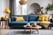 © Basileus - Scandinavian interior home design of modern living room with blue sofa and round wooden table near the window