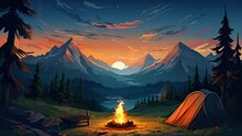 Campfire Animation With Mountains Background At Sunset. Cartoon Illustration Style. Seamless Looping Time-lapse 4k Animation Video Background