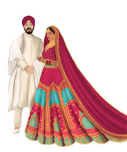 Couple Protrait In Traditional Clothes Such As Lehenga And Shervani. The Whole Portrait Was Designed For A Anand Karaj Ceremony Wedding 