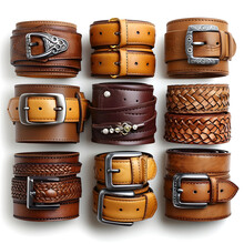 Collection Of Different Belts And Buckles Isolated On White Background, Realistic, Png
