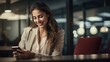 © AlexandraRooss - Beautiful young businesswoman using mobile phone in cafe. Smiling businesswoman using mobile phone. Generative AI
