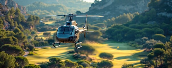 A modern helicopter flying above a vast beautiful golf course, sunny day