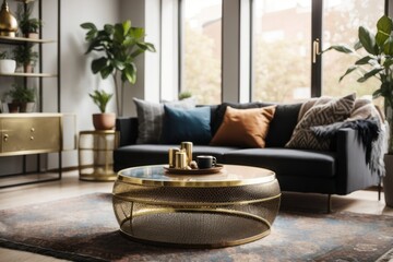 Bohemian interior home design of modern living room with gray sofa and brass metal round table near the window