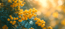 Banner Of Mimosa. 8 March Flowers 