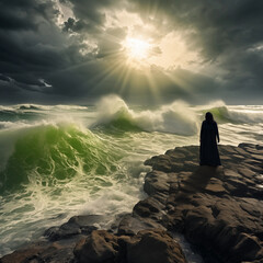 Wall Mural - woman standing on coast of storm sea