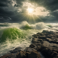 Wall Mural - sea stormy landscape over rocky coastline
