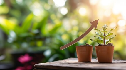 Wall Mural - An upward-pointing arrow symbolizing business development and growth, with a vibrant green plant intertwined, representing eco-friendly corporate expansion and sustainable practices.