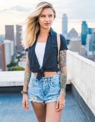 Wall Mural - Young female millennial on a rooftop, showcasing her tattoos and wearing denim cutoff shorts