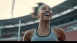Fitness, runner winner or black woman at finish line for victory, celebration or sport exercise at stadium. Health, winning or running girl for sport, training or workout success for race or marathon.