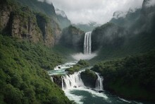 A Magnificent Waterfall With Foggy Clouds And Rich Vegetation Surrounding It, Plunging Down A Rocky Cliff