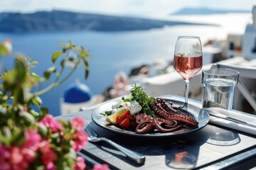 Wall Mural - Santorini Delight: Grilled Octopus Tentacles with Lemon and Herbs, Accompanied by a Tomato and Feta Salad and Crisp Rosé, Served for Two on a Sleek Black Table at a Rooftop Restaurant.

