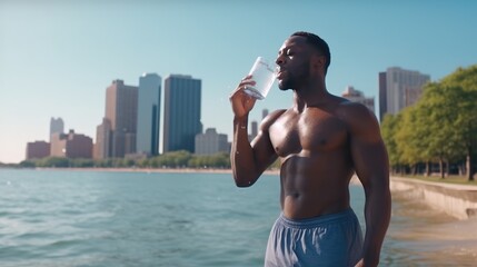 Wall Mural - Fitness, relax or black man drinking water in training or exercise for body recovery or workout in Chicago, USA. Hydration, thirsty or tired healthy sports athlete drinks natural liquid.