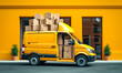 Bright yellow delivery van overloaded with cardboard boxes, symbolizing online shopping, package transport, and courier services