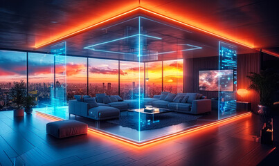 Poster - Futuristic smart home interior with advanced digital interface technology, luxury modern living space against a cityscape during sunset