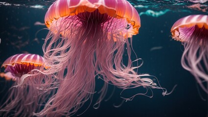 Wall Mural - A mesmerizing fluorescent jellyfish gracefully dances in the depths of the ocean, its tentacles swaying in perfect rhythm to the gentle currents