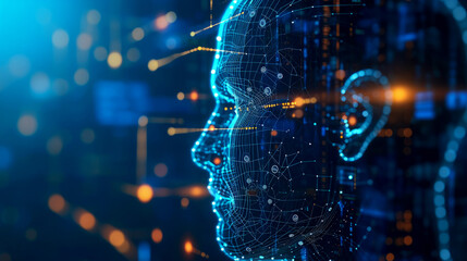 Poster - Side profile of a futuristic artificial intelligence computer head with glowing lines and data
