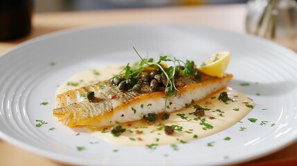 Pan-seared sea bass with a lemon caper sauce, served on a white dinner plate.