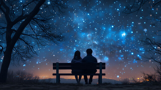 A man and a woman sitting on a bench and looking at the stars, generative ai