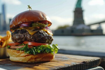 Wall Mural - Iconic Burger: A Classic American Burger Presentation, with a Juicy Patty and Fresh Toppings, Against the Iconic Backdrop of the Statue of Liberty in New York City.

